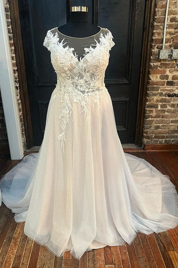 Vestido de novia largo de corte A con cuello redondo y mangas cortas